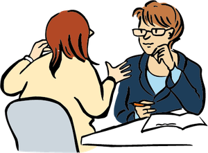 Zwei Personen sitzen an einem Tisch und führen ein Beratungsgespräch